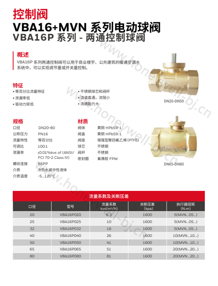 动二通控制阀可以用于商业楼宇、公共建筑的暖通空调水系统中，可以实现调节量或开关量控制。. 特征. • 等百分比流量特征. • 泄漏率低. • 驱动力矩低. • 不锈钢球芯和阀杆. • 流道直通，流阻小.