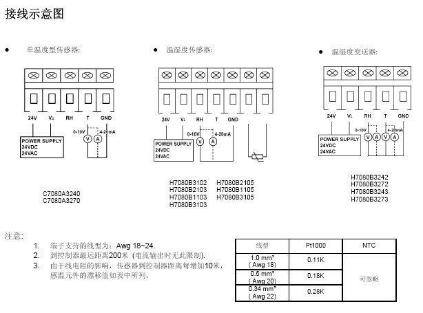 H7080风管式温度传感器接线示意图