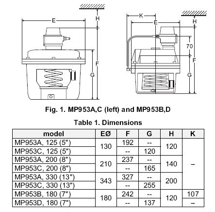 V5328A2029/MP953D5025气动调节阀执行器尺寸图